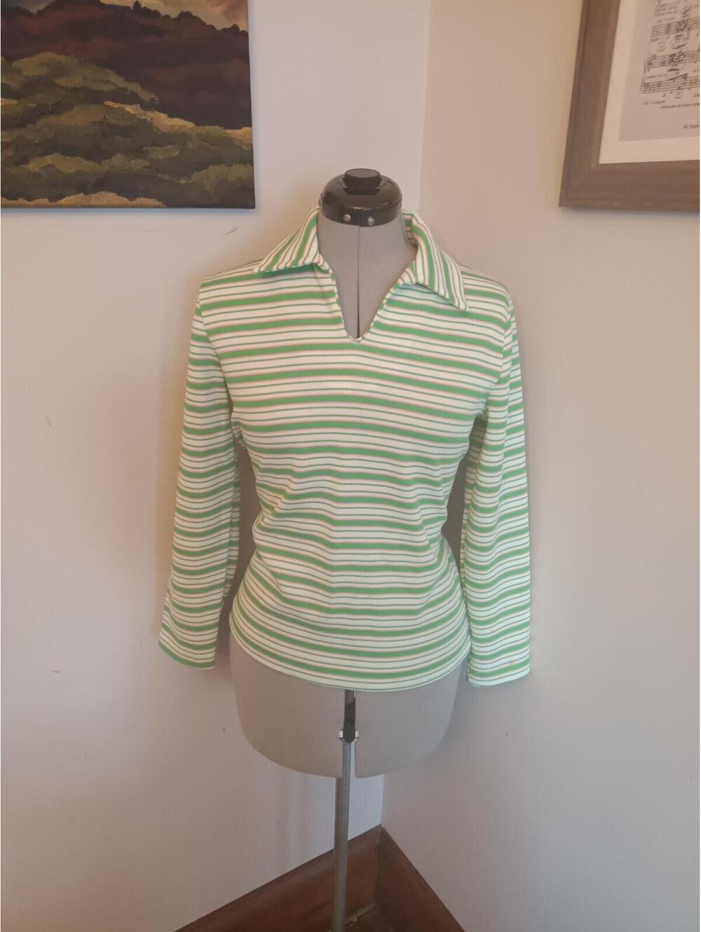 Vintage 60s/70's Watermelon Striped Sleeved Collared Shirt Stretchy Hippie Mod